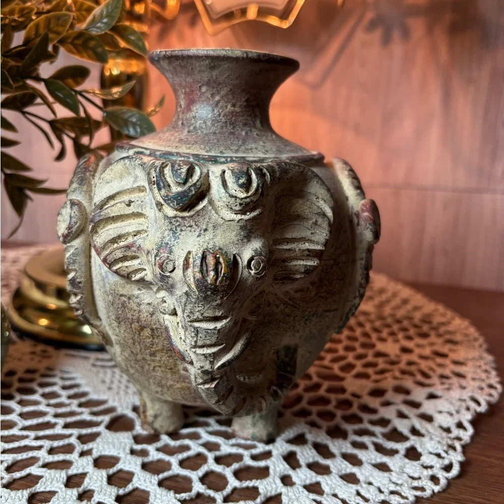 Vintage Thai Earthenware Elephant Vase in Distressed Green and Brown Terracotta
